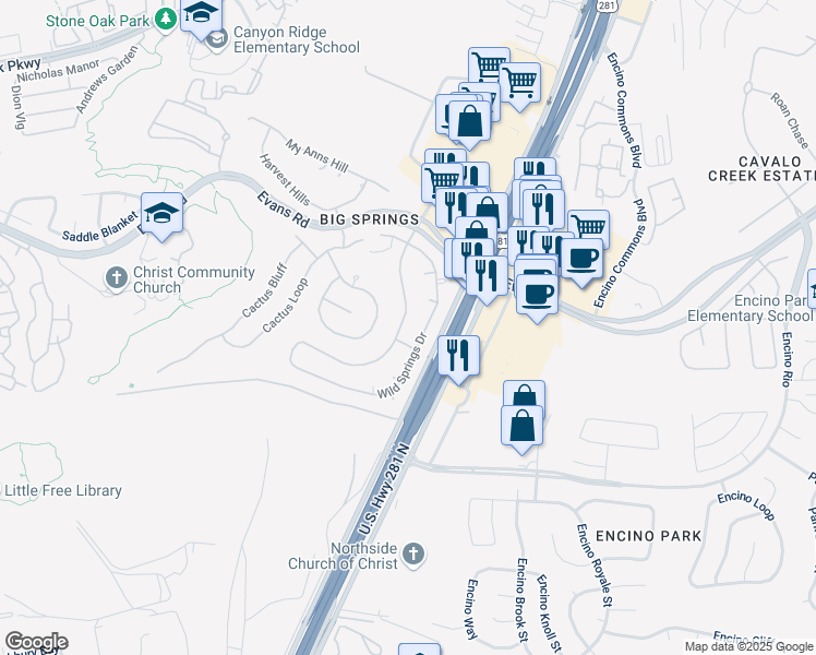 map of restaurants, bars, coffee shops, grocery stores, and more near 20715 Wind Springs in San Antonio