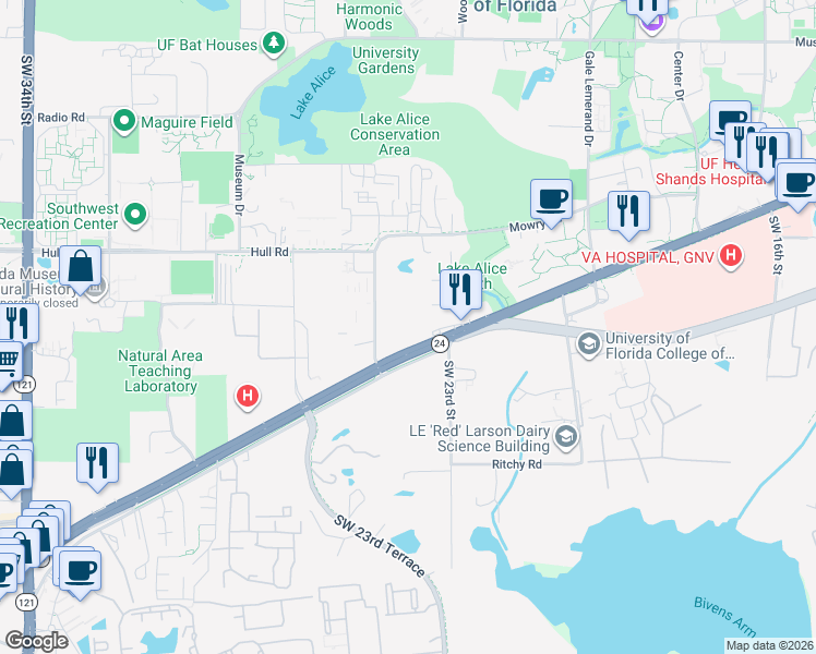 map of restaurants, bars, coffee shops, grocery stores, and more near 2360 Southwest Archer Road in Gainesville