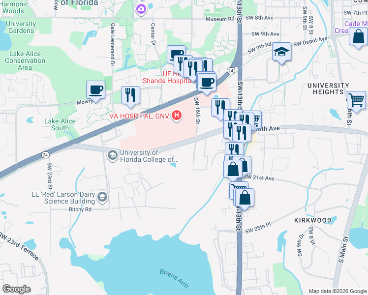 map of restaurants, bars, coffee shops, grocery stores, and more near 1622 Southwest 16th Street in Gainesville