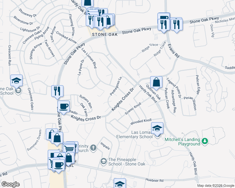 map of restaurants, bars, coffee shops, grocery stores, and more near 20818 Las Lomas Boulevard in San Antonio