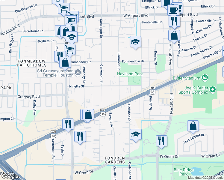 map of restaurants, bars, coffee shops, grocery stores, and more near 14425 Minetta Street in Houston