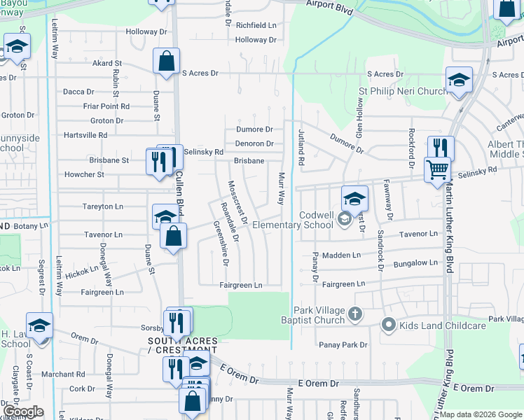 map of restaurants, bars, coffee shops, grocery stores, and more near 11511 Lockgate Lane in Houston