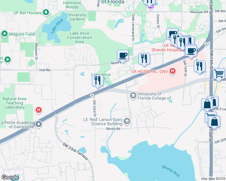 map of restaurants, bars, coffee shops, grocery stores, and more near 2015 Southwest 16th Avenue in Gainesville