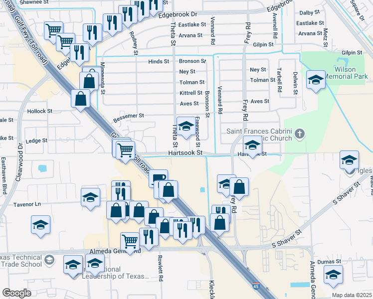 map of restaurants, bars, coffee shops, grocery stores, and more near 10301 Hartsook Street in Houston
