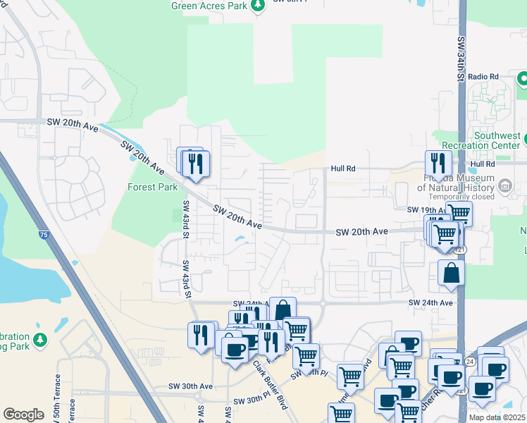 map of restaurants, bars, coffee shops, grocery stores, and more near 1811 Southwest 40th Terrace in Gainesville