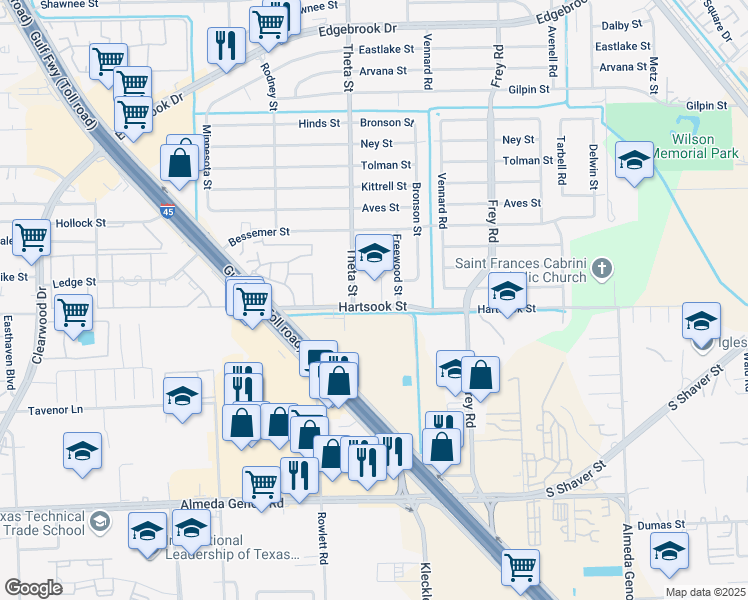 map of restaurants, bars, coffee shops, grocery stores, and more near 10223-10253 Hartsook St in Houston