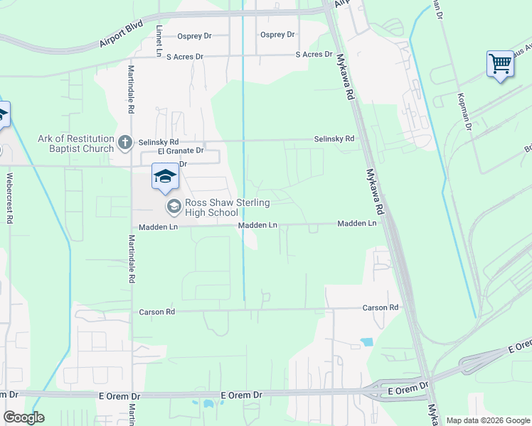 map of restaurants, bars, coffee shops, grocery stores, and more near 6443-6539 Madden Lane in Houston