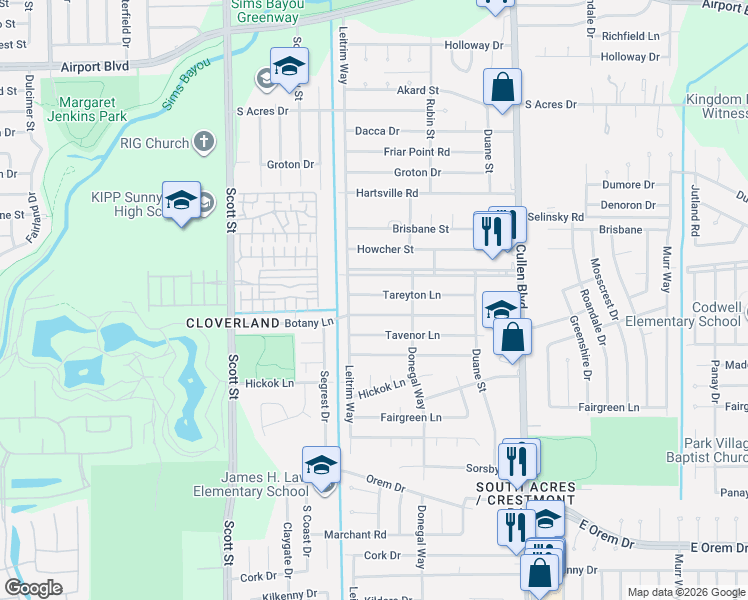 map of restaurants, bars, coffee shops, grocery stores, and more near 4115 Tareyton Lane in Houston