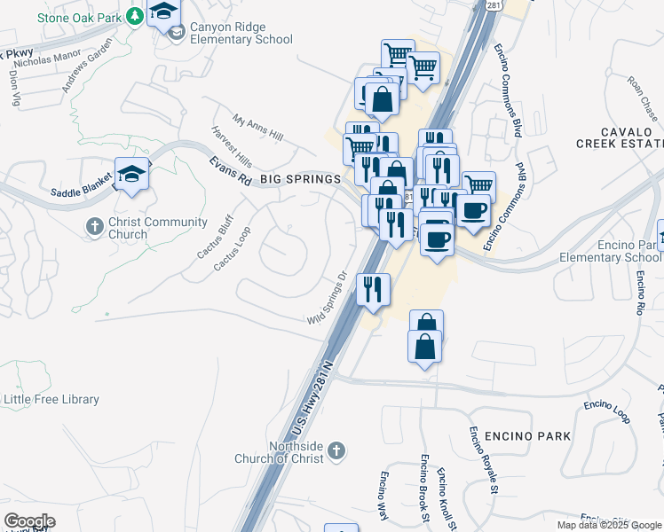 map of restaurants, bars, coffee shops, grocery stores, and more near 20715 Wind Springs in San Antonio
