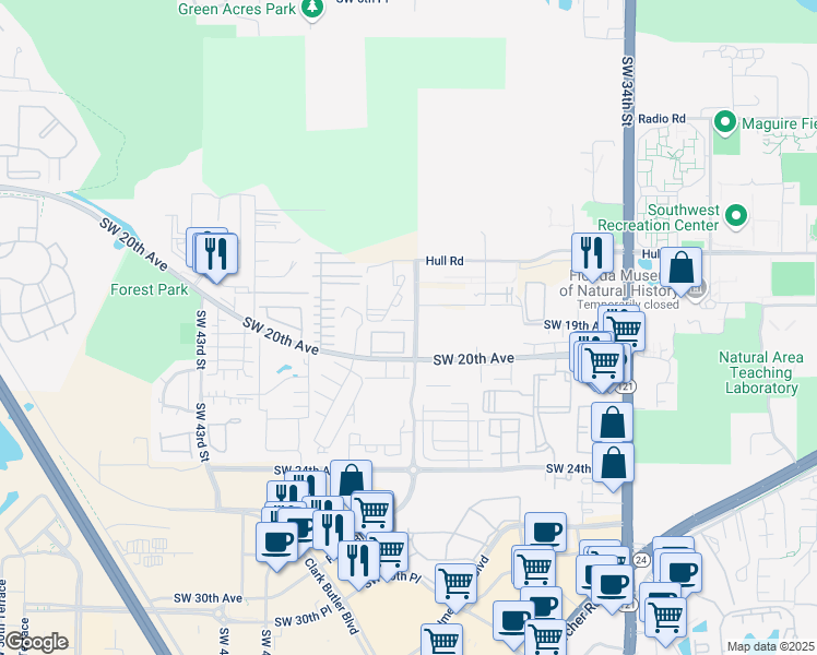 map of restaurants, bars, coffee shops, grocery stores, and more near 3880 Southwest 20th Avenue in Gainesville