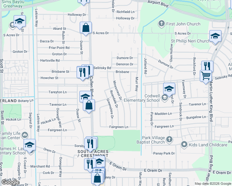 map of restaurants, bars, coffee shops, grocery stores, and more near 11522 Mosscrest Drive in Houston