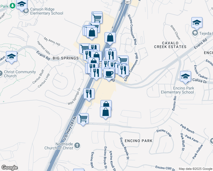 map of restaurants, bars, coffee shops, grocery stores, and more near 20760 U.S. Highway 281 North in San Antonio