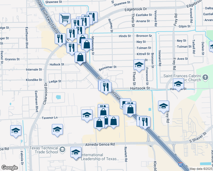 map of restaurants, bars, coffee shops, grocery stores, and more near 5104 Gulf Freeway in Houston