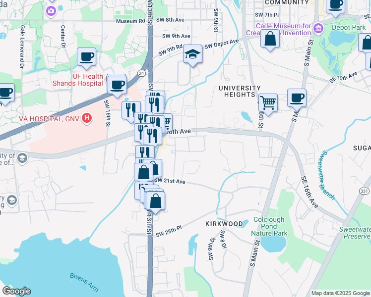 map of restaurants, bars, coffee shops, grocery stores, and more near 1746 SW 11th Way in Gainesville