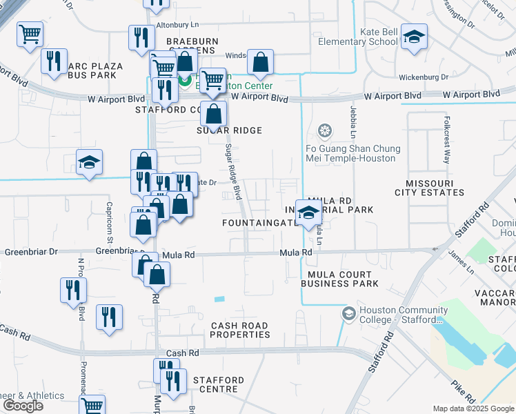 map of restaurants, bars, coffee shops, grocery stores, and more near 12950 Sugar Ridge Boulevard in Stafford