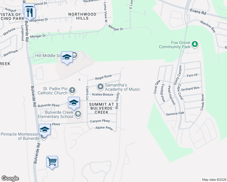 map of restaurants, bars, coffee shops, grocery stores, and more near 20819 Blue Trinity in San Antonio