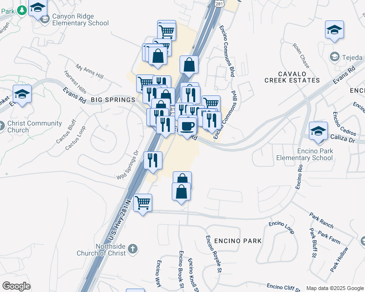 map of restaurants, bars, coffee shops, grocery stores, and more near 20750 U.S. 281 in San Antonio
