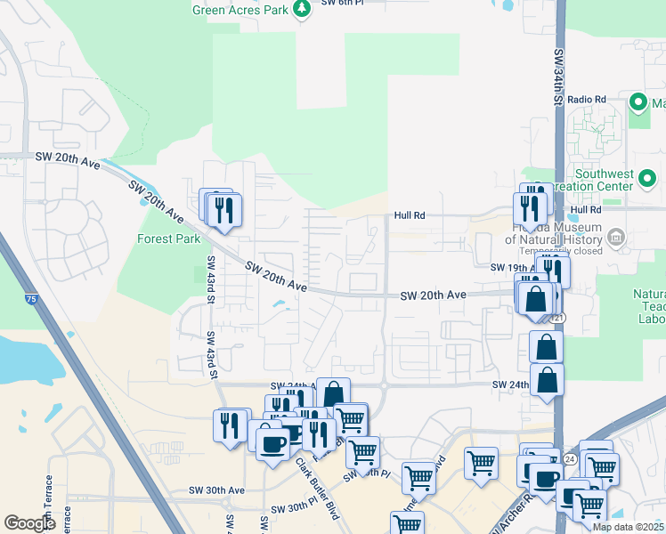 map of restaurants, bars, coffee shops, grocery stores, and more near 4000 Southwest 20th Avenue in Gainesville