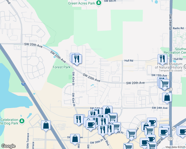 map of restaurants, bars, coffee shops, grocery stores, and more near 4143 Southwest 17th Place in Gainesville
