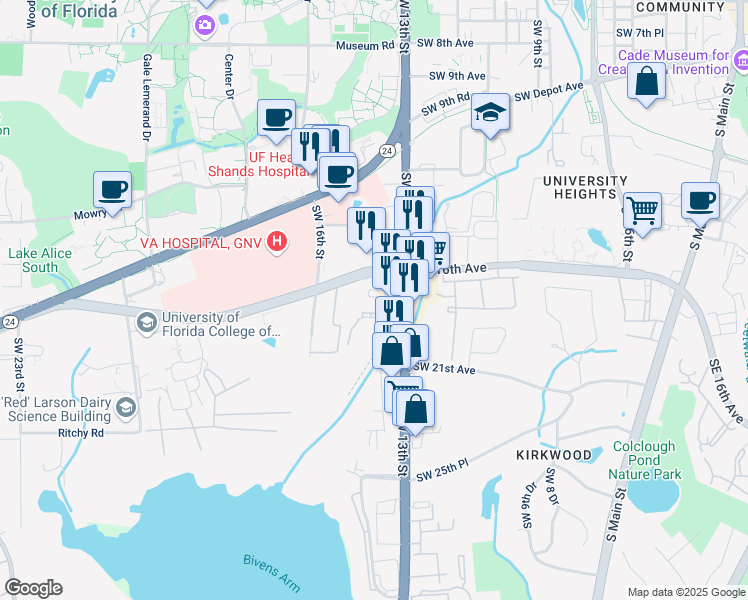 map of restaurants, bars, coffee shops, grocery stores, and more near 1626 Southwest 14th Street in Gainesville
