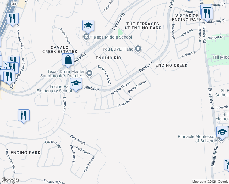 map of restaurants, bars, coffee shops, grocery stores, and more near 2611 Rancho Mirage in San Antonio
