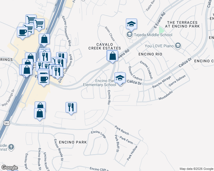 map of restaurants, bars, coffee shops, grocery stores, and more near 2245 Encino Mist in San Antonio
