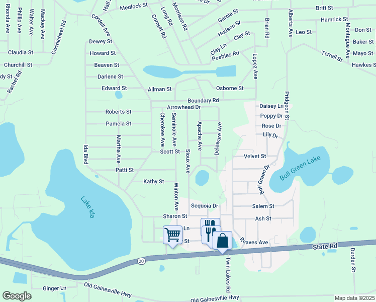 map of restaurants, bars, coffee shops, grocery stores, and more near 20 Scott Street in Interlachen