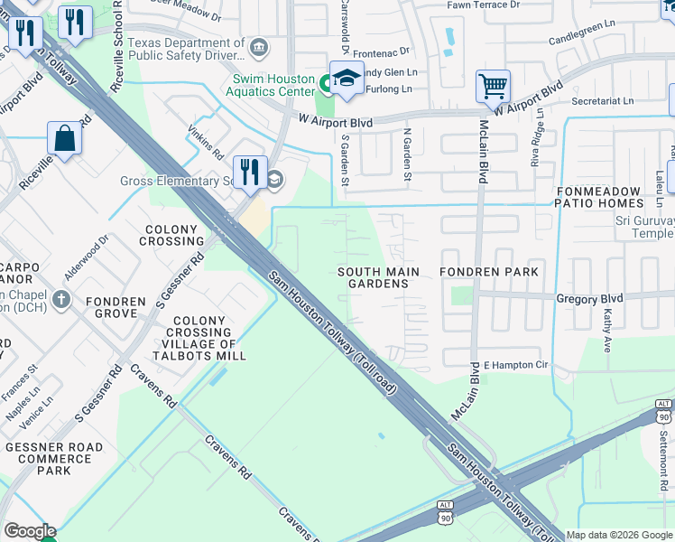 map of restaurants, bars, coffee shops, grocery stores, and more near 11706 South Garden Street in Houston