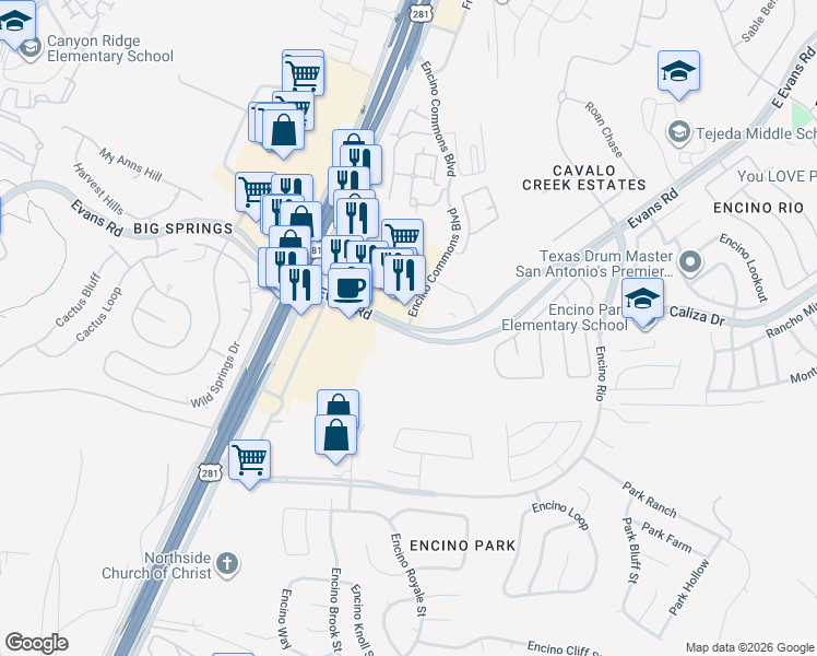 map of restaurants, bars, coffee shops, grocery stores, and more near Evans Rd & Encino Commons in San Antonio