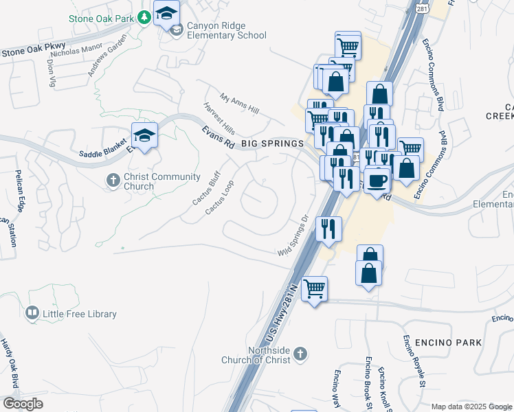 map of restaurants, bars, coffee shops, grocery stores, and more near 20902 Cactus Ridge in San Antonio