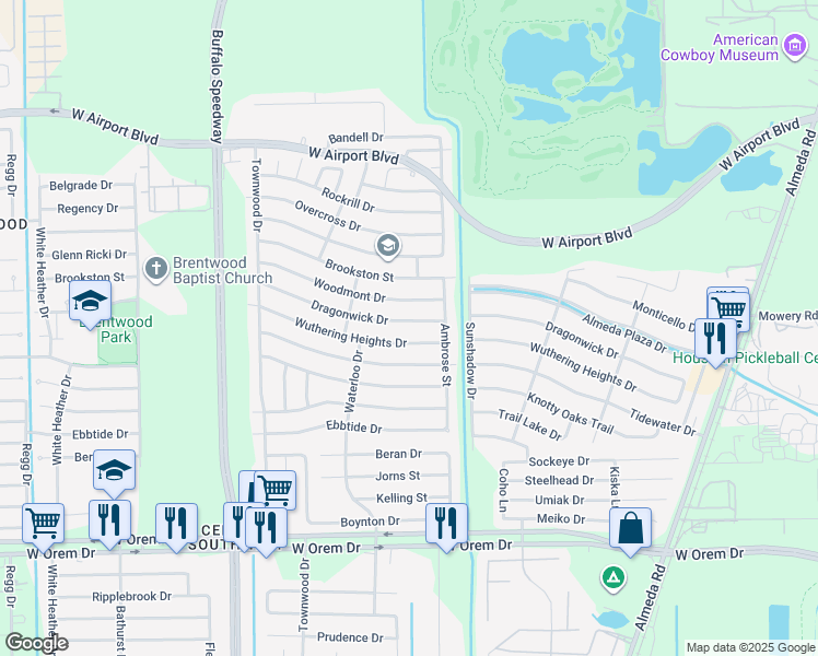 map of restaurants, bars, coffee shops, grocery stores, and more near 3135 Dragonwick Drive in Houston