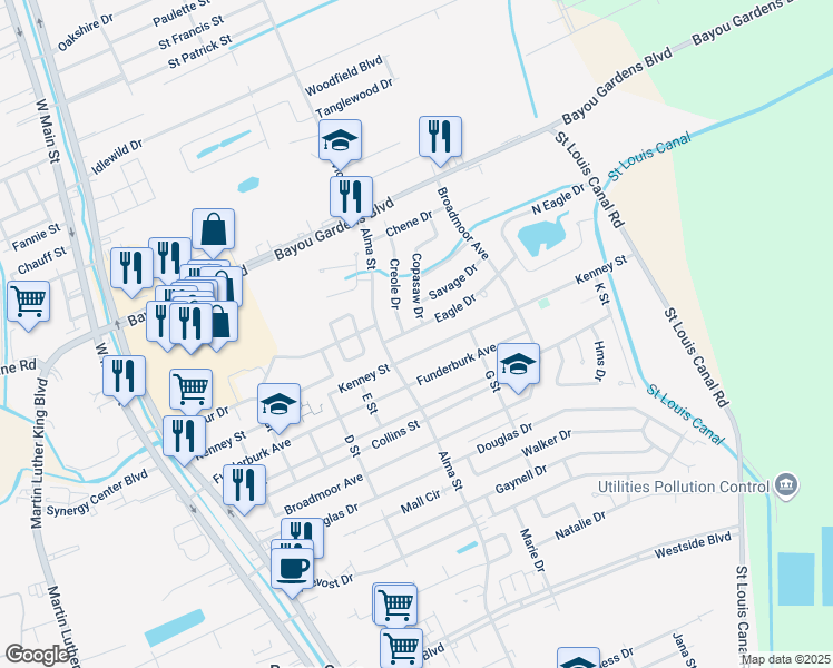 map of restaurants, bars, coffee shops, grocery stores, and more near 800-804 Eagle Dr in Houma