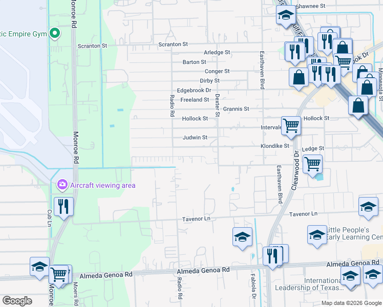 map of restaurants, bars, coffee shops, grocery stores, and more near 9103 Ledge Street in Houston