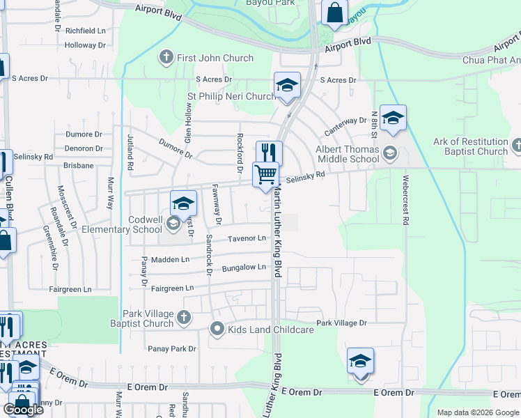 map of restaurants, bars, coffee shops, grocery stores, and more near 11408 Martin Luther King Boulevard in Houston