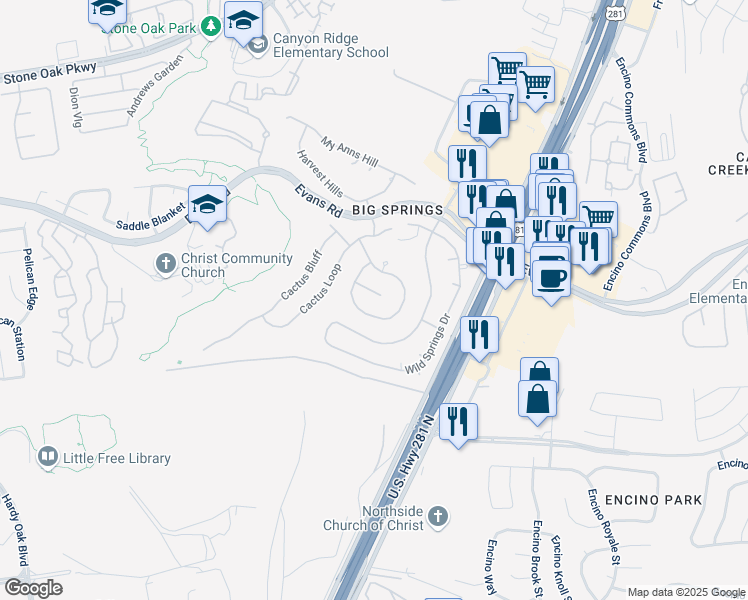 map of restaurants, bars, coffee shops, grocery stores, and more near 20902 Cactus Ridge in San Antonio