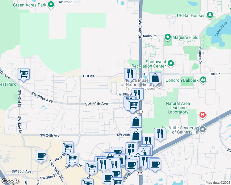 map of restaurants, bars, coffee shops, grocery stores, and more near 2 Southwest 19th Avenue in Gainesville