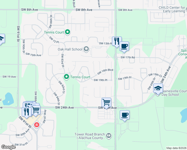 map of restaurants, bars, coffee shops, grocery stores, and more near 1820 Southwest 78th Street in Gainesville