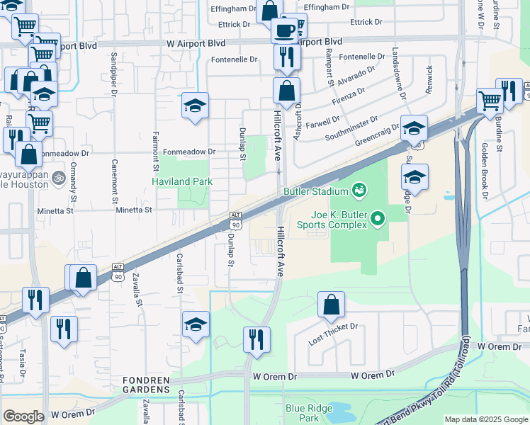 map of restaurants, bars, coffee shops, grocery stores, and more near 2420 Main Street in Houston