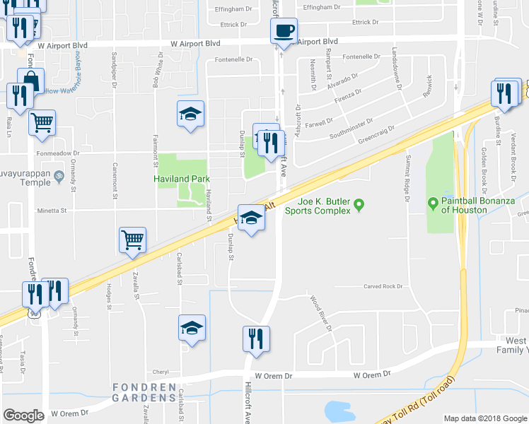 map of restaurants, bars, coffee shops, grocery stores, and more near 3820 Main Street in Houston