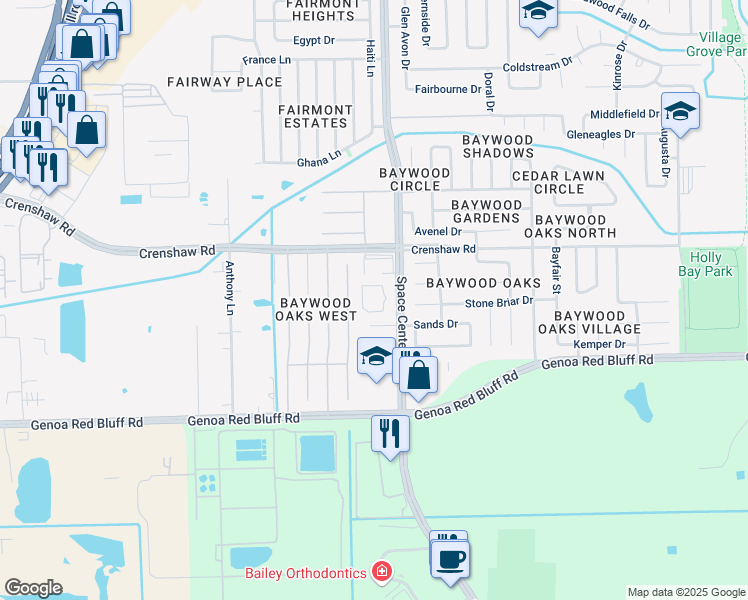 map of restaurants, bars, coffee shops, grocery stores, and more near 5020 Space Center Boulevard in Pasadena