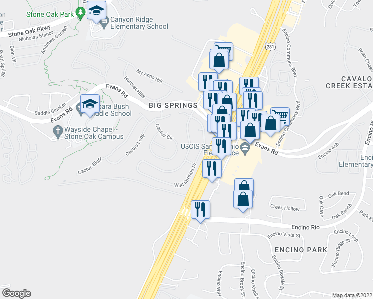 map of restaurants, bars, coffee shops, grocery stores, and more near 20715 Wind Springs in San Antonio