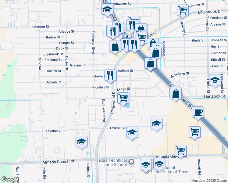 map of restaurants, bars, coffee shops, grocery stores, and more near 60 Ledge Street in Houston