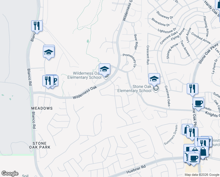 map of restaurants, bars, coffee shops, grocery stores, and more near 818 Windhurst in San Antonio