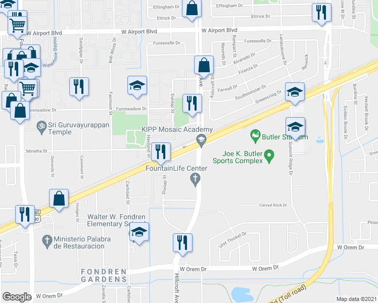 map of restaurants, bars, coffee shops, grocery stores, and more near 3800 Main Street in Houston