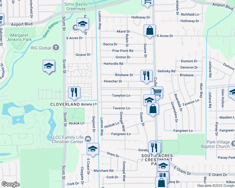 map of restaurants, bars, coffee shops, grocery stores, and more near 4219 Tareyton Lane in Houston