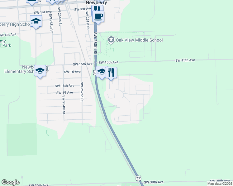 map of restaurants, bars, coffee shops, grocery stores, and more near 1929 Southwest 247th Way in Newberry