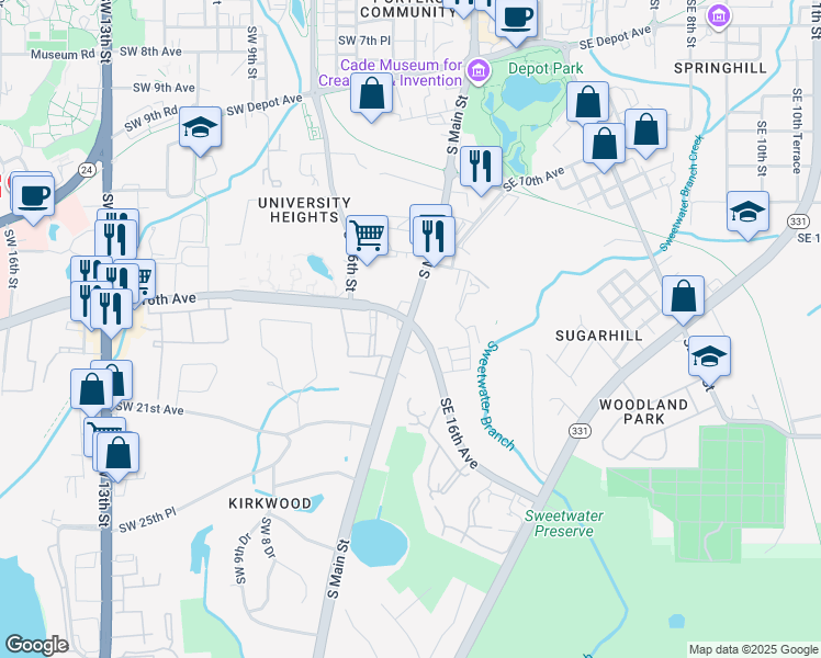 map of restaurants, bars, coffee shops, grocery stores, and more near 85 Southeast 16th Avenue in Gainesville
