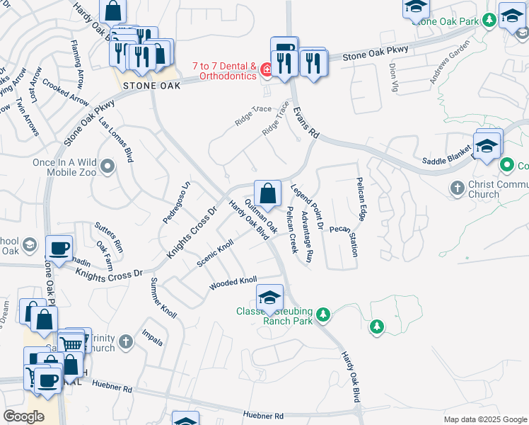 map of restaurants, bars, coffee shops, grocery stores, and more near 827 Quitman Oak in San Antonio