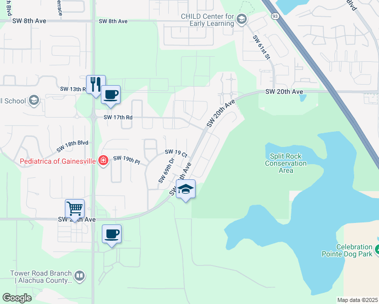 map of restaurants, bars, coffee shops, grocery stores, and more near 1815 Southwest 67th Terrace in Gainesville