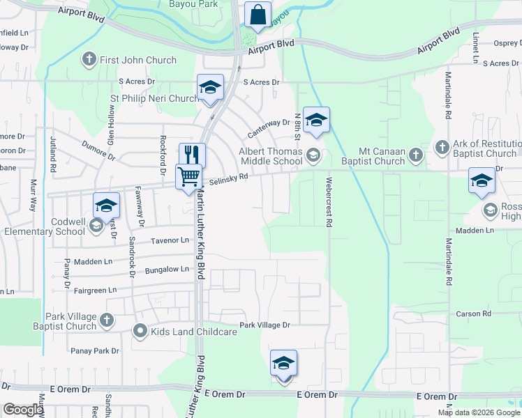 map of restaurants, bars, coffee shops, grocery stores, and more near 5602 Selinsky Road in Houston